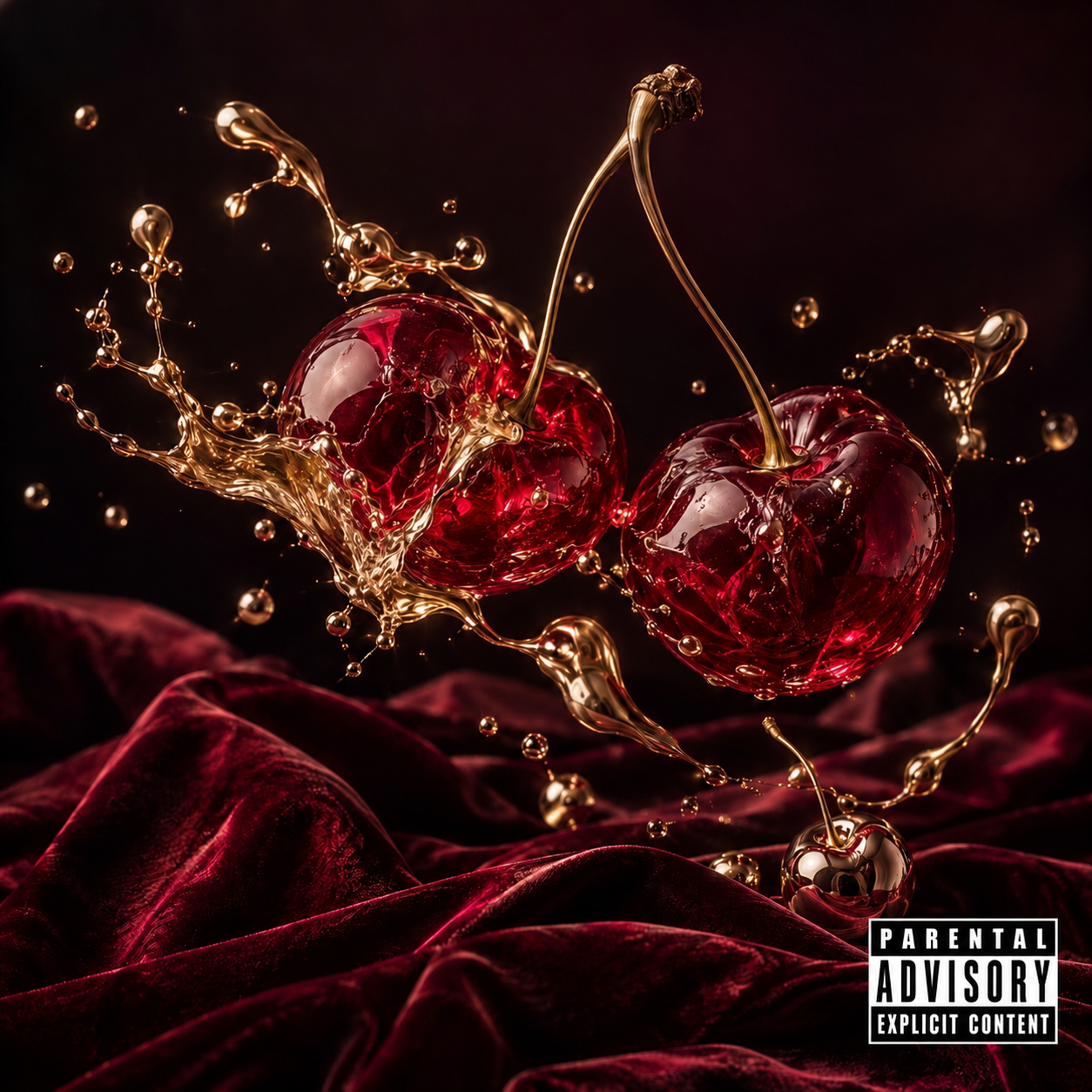 BAD WOMAN cover: ruby glass cherries, gold liquid and velvet, with Parental Advisory Explicit Content label