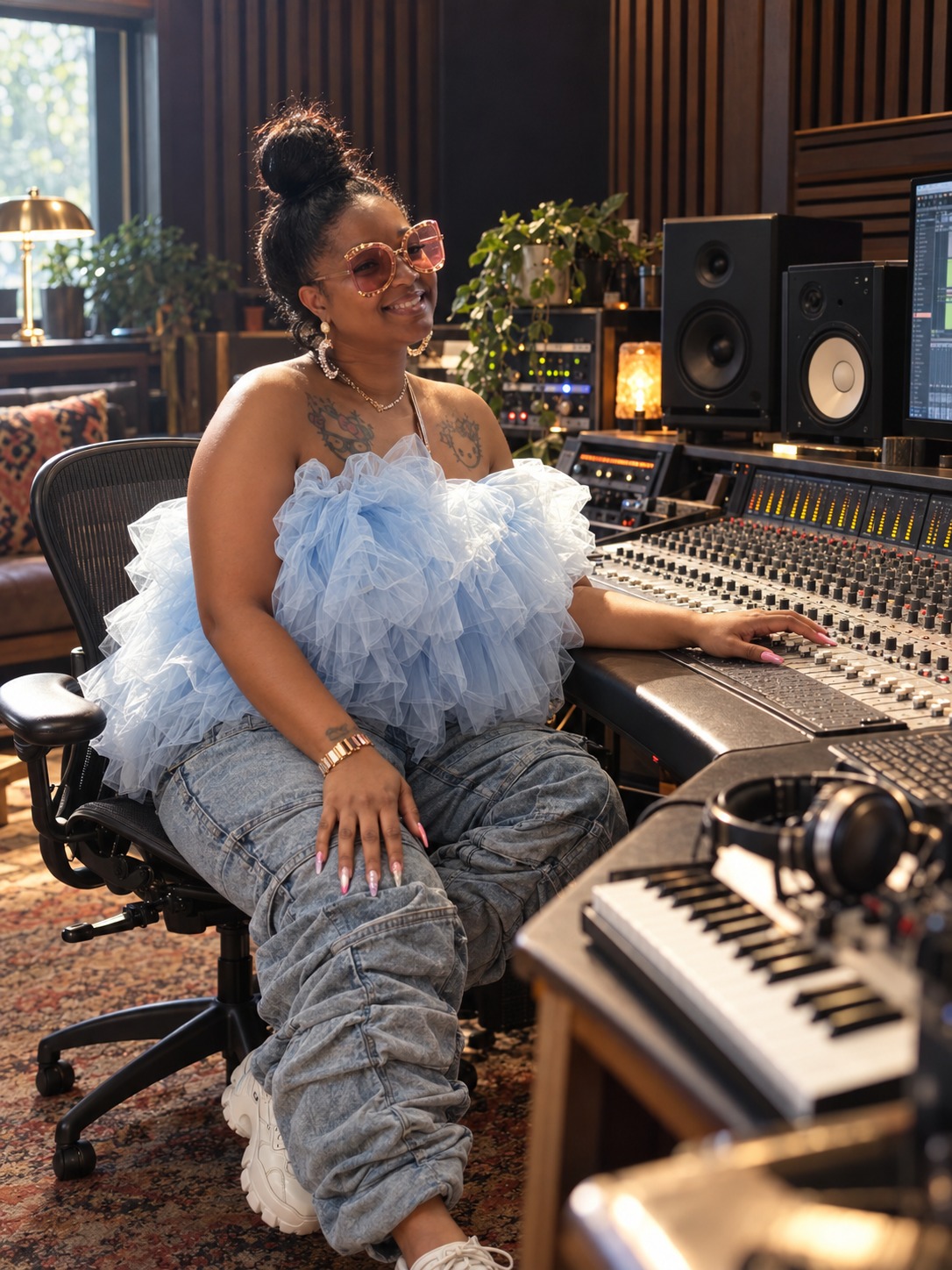 Portrait of grlfrmqueenz seated at a mixing console, wearing rose-tinted glasses and a pale blue ruffled top