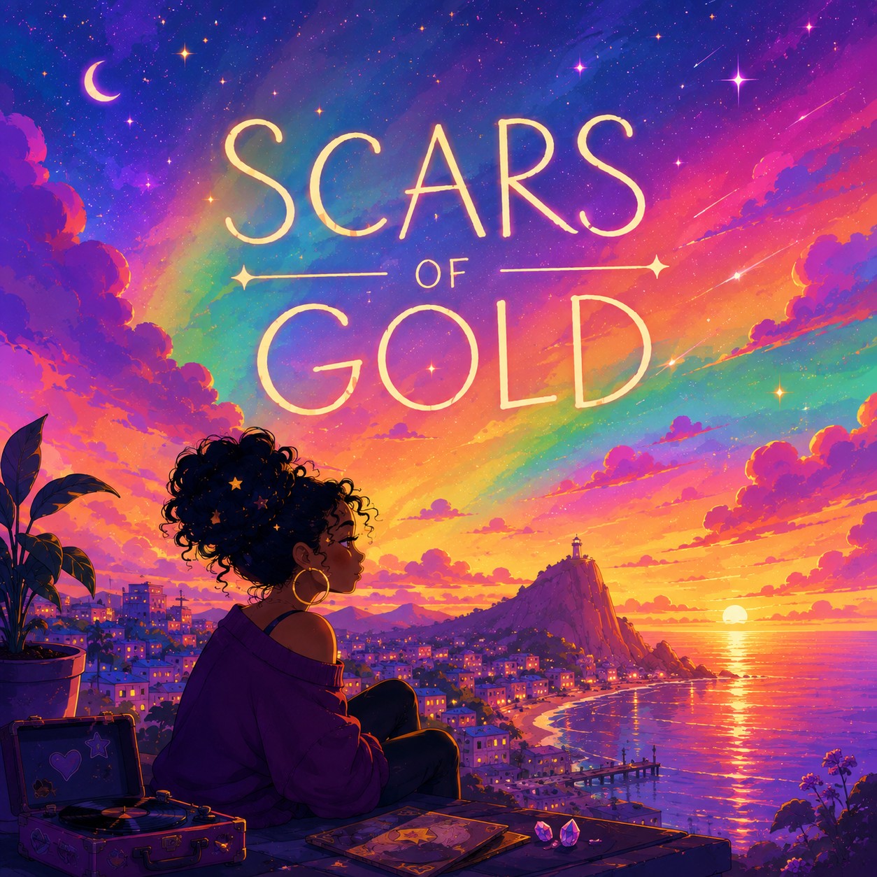 Scars of Gold illustrated artwork: a woman beneath a cosmic rainbow sunset