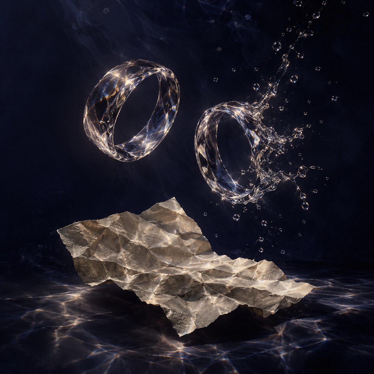 Conceptual TEMPORARY HUSBAND artwork: dissolving glass rings and an unmarked letter